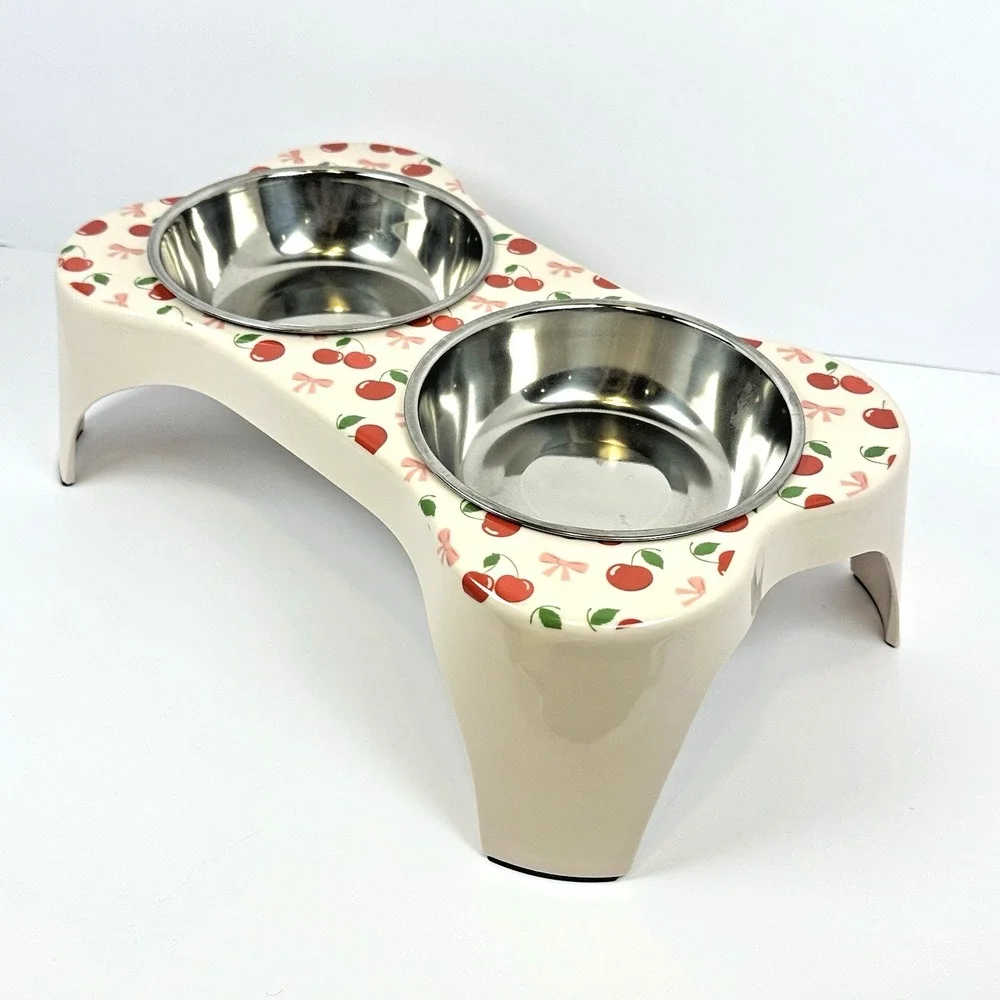 Roxie Rae Elevated Pet Bowls Cherry Print Dog Cat Feeder 2 Stainless Bowls